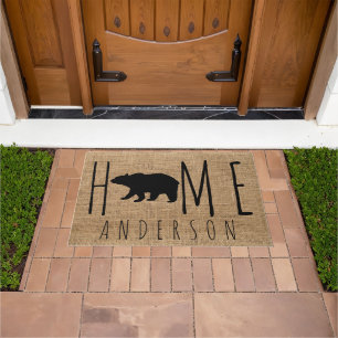 Rustic Country Faux Burlap Black Bear Family Name Doormat