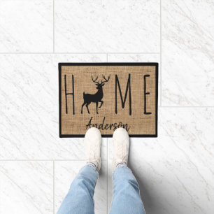 Rustic Country Faux Burlap Buck Family Name    Doormat