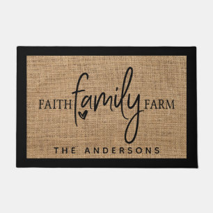 Rustic Country Faux Burlap Faith Family Farm Doormat
