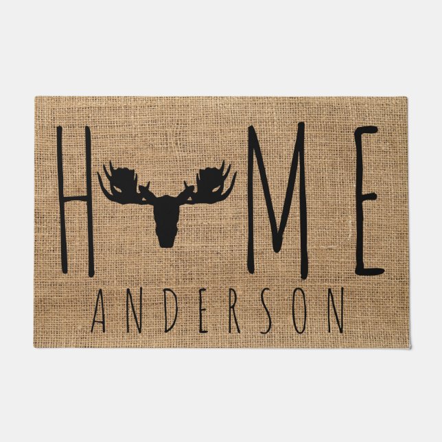 Rustic Country Faux Burlap Moose Head Family Name Doormat (Front)