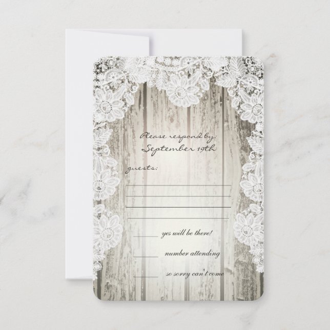 Rustic Country Faux Lace Barn Wood Wedding RSVP Card (Front)