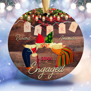Rustic Country first Christmas engaged cute couple Ceramic Ornament