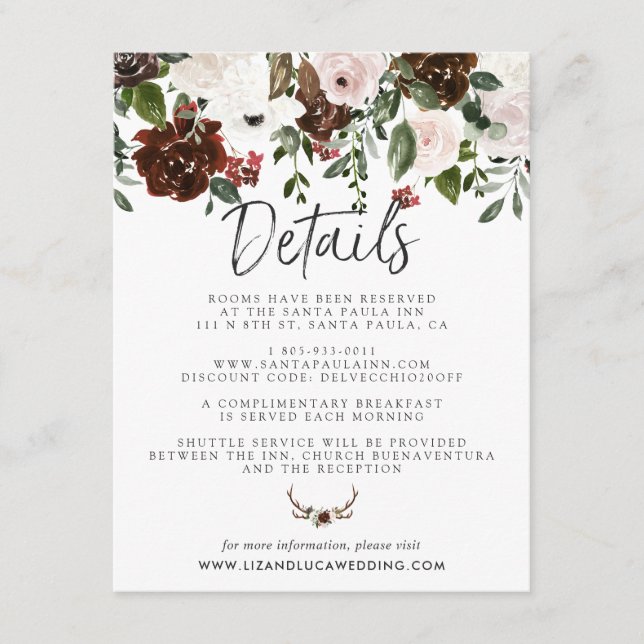 Rustic Country Floral Boho Wedding Guest Details Enclosure Card (Front)