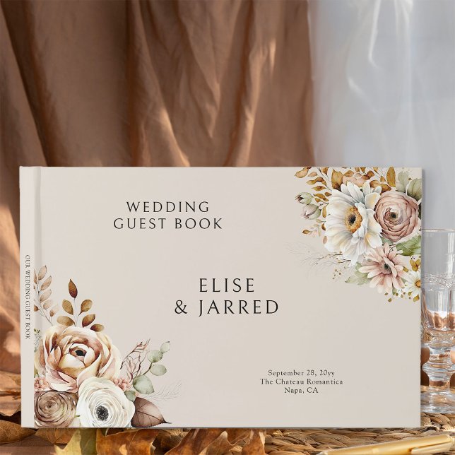 Rustic Country Floral Brown Neutral Wedding Guest Book (Wedding guest book from the Rustic Floral Brown Neutral Wedding Collection by Darling & May)