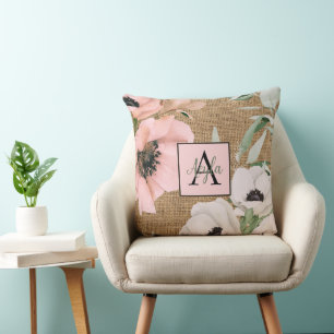 Rustic Country Floral Burlap Monogram Throw Pillow