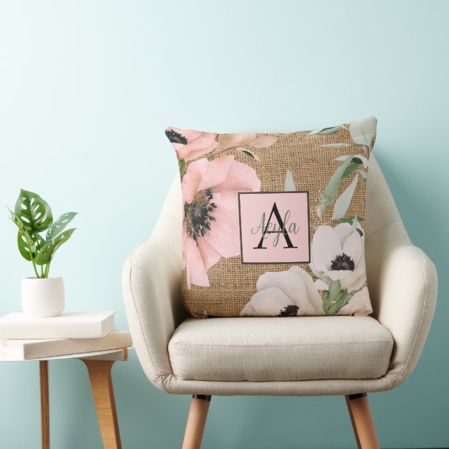 Rustic Country Floral Burlap Monogram Throw Pillow (Chair)