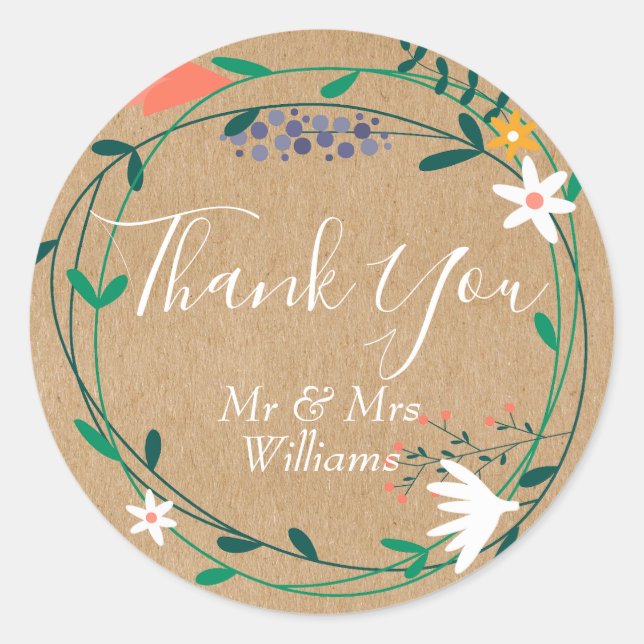 Rustic Country Floral Garland Wedding Thank You Classic Round Sticker (Front)