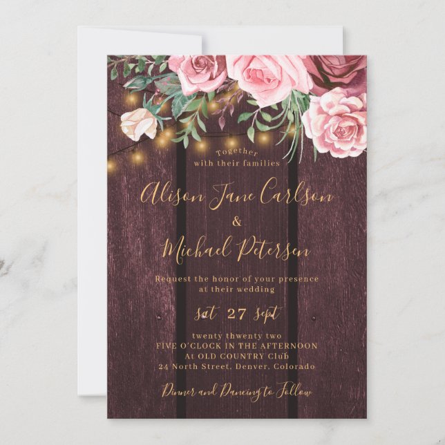 Rustic country floral gold burgundy wedding invitation (Front)