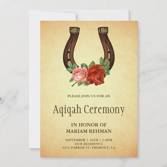 Rustic Country Floral Horseshoe Aqiqah Invitation (Front)