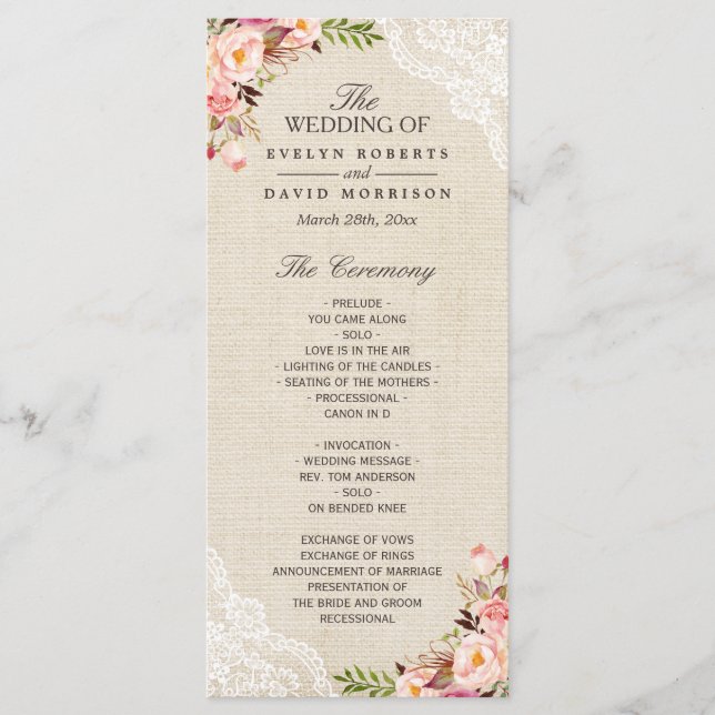 Rustic Country Floral Lace Burlap Programme de mar (Devant)