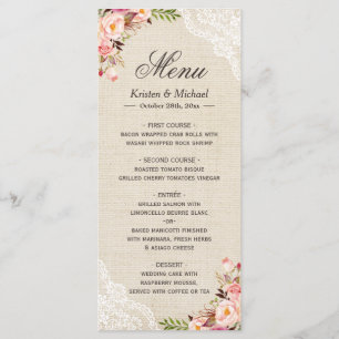 Rustic Country Floral Lace Burlap Wedding Menu