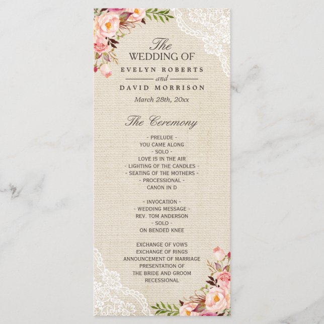 Rustic Country Floral Lace Burlap Wedding Program (Front)