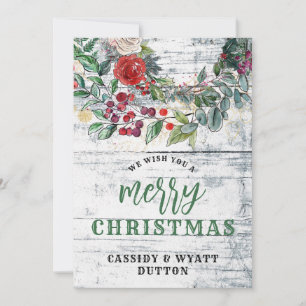 Rustic Country Floral Wood Christmas Holiday Card