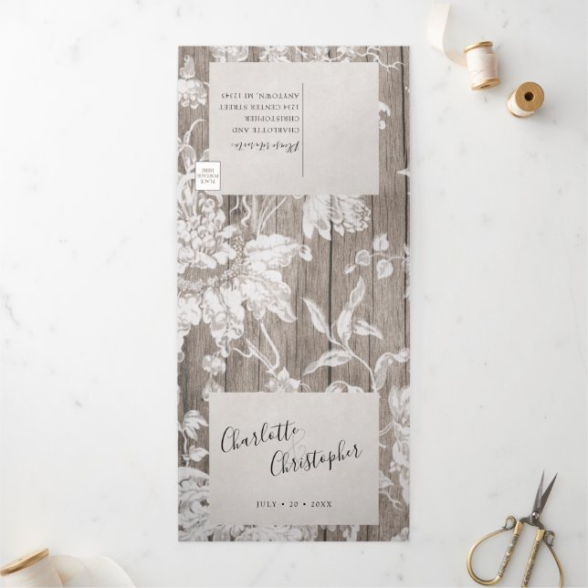 Rustic country flowers tri-fold all in one wedding invitation (Outside)