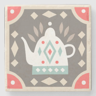 Rustic Country Geometric Colourful Tea Kettle Stone Coaster