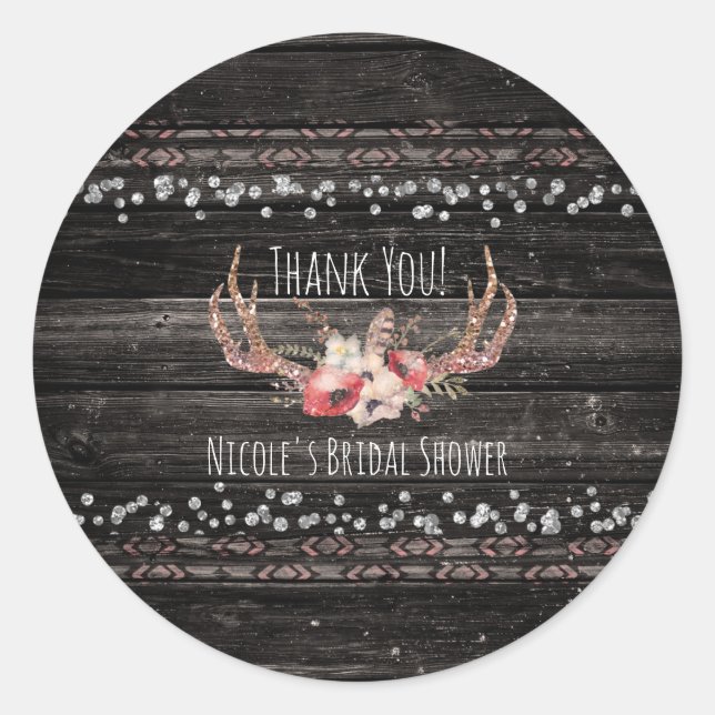 Rustic Country Glam Flowers & Antlers Boho Chic Classic Round Sticker (Front)