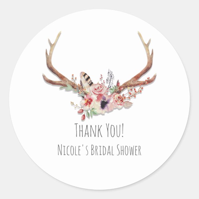 Rustic Country Glam Flowers & Antlers Boho Favour Classic Round Sticker (Front)