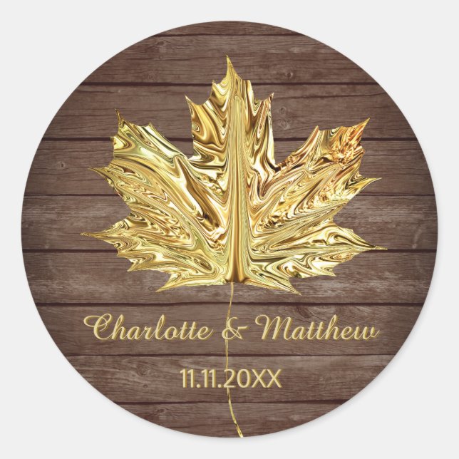 Rustic Country Gold Leaf Fall Autumn Wedding Classic Round Sticker (Front)