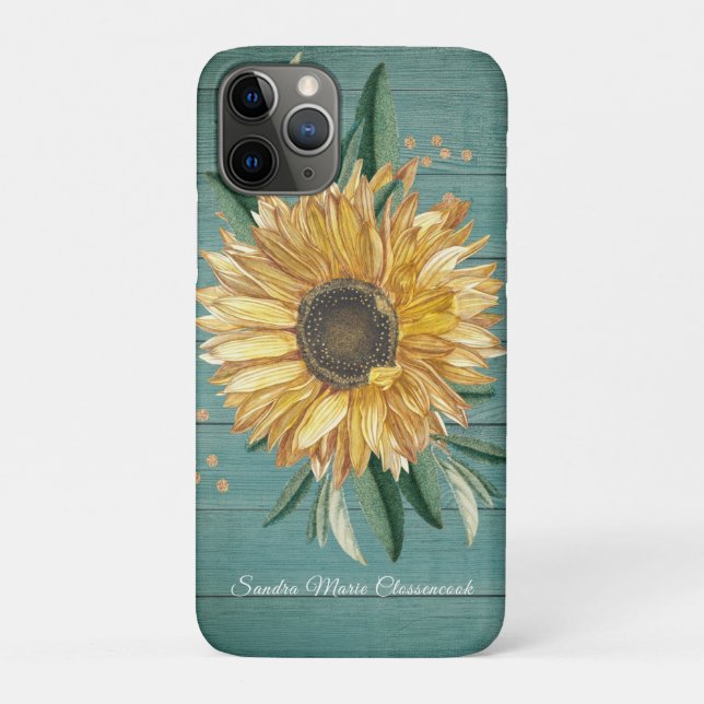 Rustic Country Golden Sunflower Green Wood Case-Mate iPhone Case (Back)