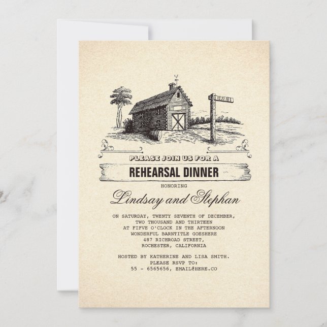 Rustic Country Grange Rehearer Dîner Invitations (Devant)