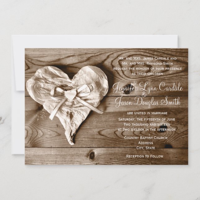 Rustic Country Grange Wood Heart Faire-part de mar (Devant)