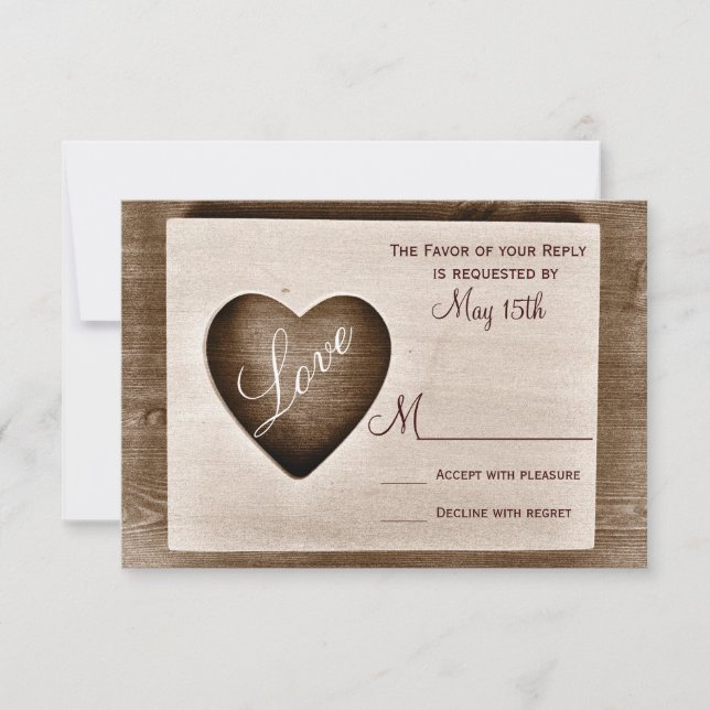 Rustic Country Grange Wood Love Heart Wedding RSVP (Devant)