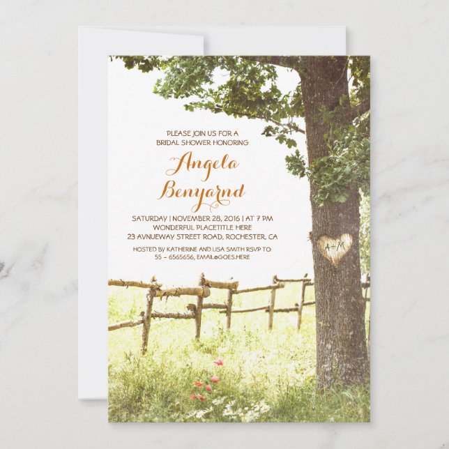 rustic country heart tree bridal shower invites (Front)