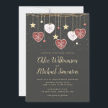 Rustic Country Heart Winter Wedding Invitation<br><div class="desc">Red and white Folk Art hearts with snowflakes create a beautiful border on the top of this rustic wedding invitation. The hearts along with gold stars dangle from a grapevine branch. They really pop against the black background that is dappled with tiny snowflakes. Light gold text also shows up against...</div>