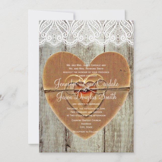Rustic Country Hearts Barn Wood Wedding Invitation (Front)