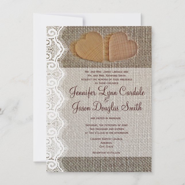 Rustic Country Hearts Burlap Lace Wedding Invites (Front)