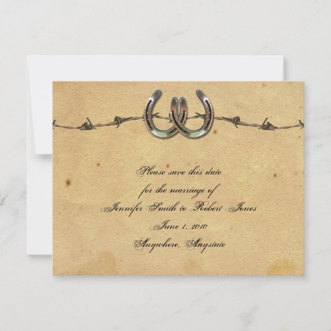 Rustic Country Horseshoe Barbed Save the Date (Front)