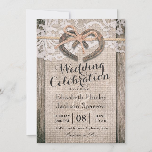 Rustic Country Horseshoe Burlap Lace Wedding Invitation (Front)