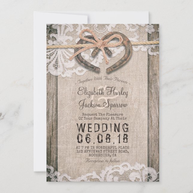 Rustic Country Horseshoes Burlap Lace Barn Wedding Invitation (Front)