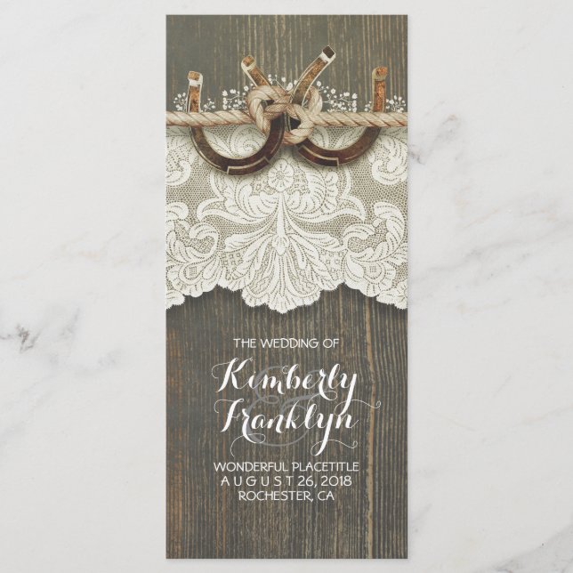 Rustic Country Horseshoes LaceWood Wedding Program (Front)