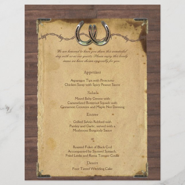 Rustic Country Horseshoes Menu Mariage (Devant)