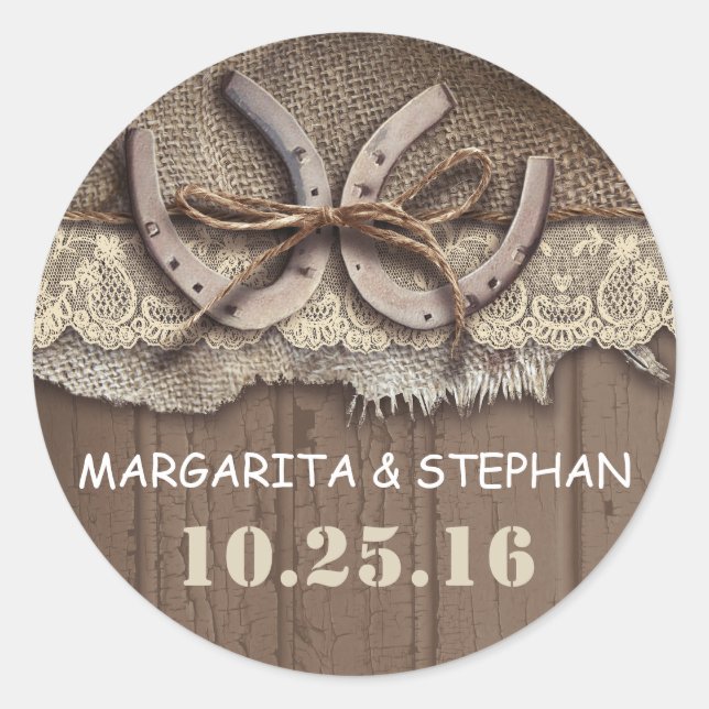 rustic country horseshoes wedding stickers (Front)