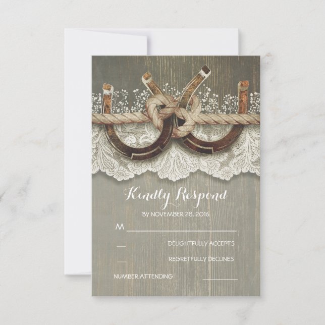 Rustic Country Horseshoes Wood Lace Wedding RSVP (Front)