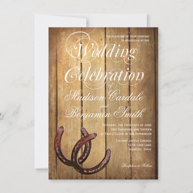 Rustic Country Horseshoes Wood Wedding Invitations (Front)
