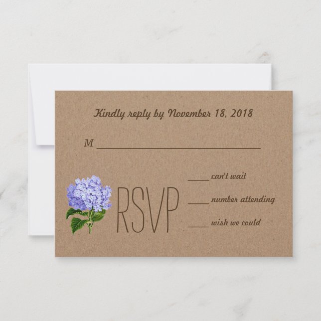 Rustic Country Kraft Paper Blue Hydrangea RSVP Card (Front)