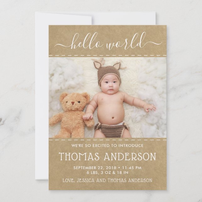 Rustic Country Kraft Photo Birth Announcement (Front)