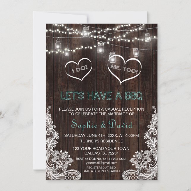 Rustic Country Lace String Lights Wood I DO BBQ Invitation (Front)