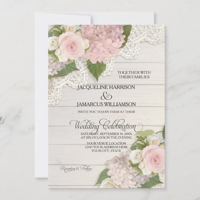 Rustic Country Lace Wood n Pink Hydrangeas Wedding Invitation (Front)