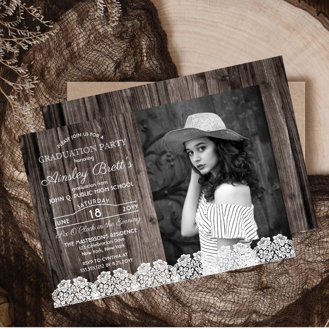 Rustic Country Lace | Wood Photo Graduation Party Invitation (Rustic Country Lace on Wood Look Background Photo Graduation Party Invitation)