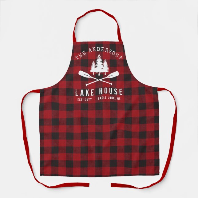 Rustic Country Lake House Tree Red Buffalo Plaid Apron (Front)