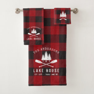 Rustic Country Lake House Tree Red Buffalo Plaid Bath Towel Set