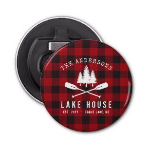 Rustic Country Lake House Tree Red Buffalo Plaid Bottle Opener