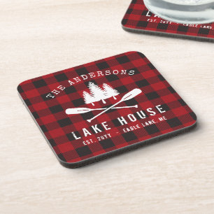 Rustic Country Lake House Tree Red Buffalo Plaid Coaster