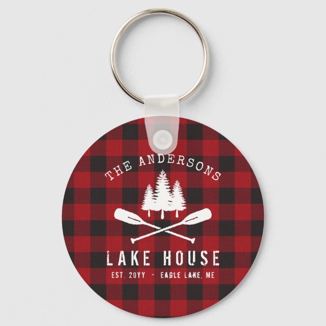Rustic Country Lake House Tree Red Buffalo Plaid Keychain (Front)