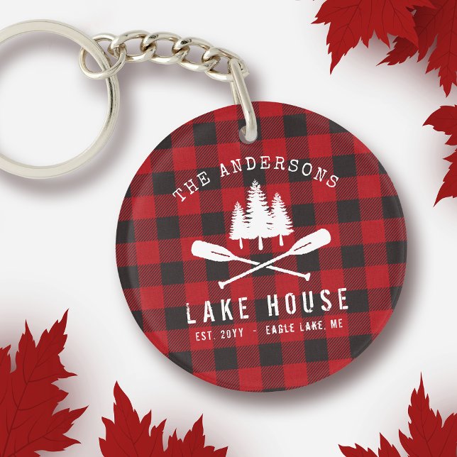 Rustic Country Lake House Tree Red Buffalo Plaid Keychain (Creator Uploaded)