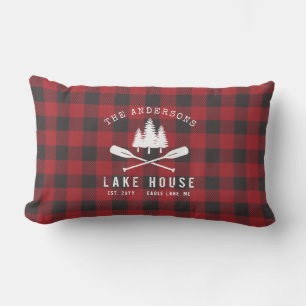 Rustic Country Lake House Tree Red Buffalo Plaid Lumbar Pillow